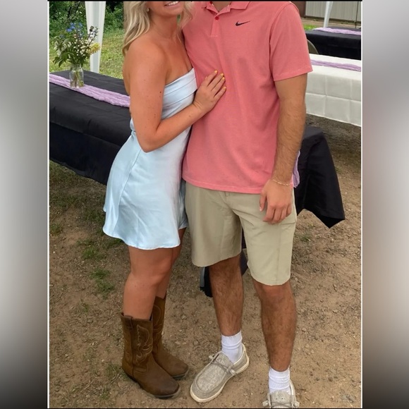 Strapless blue satin mini dress - Picture 3 of 3